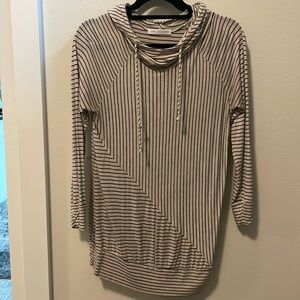 Striped cowl neck sweater with hood